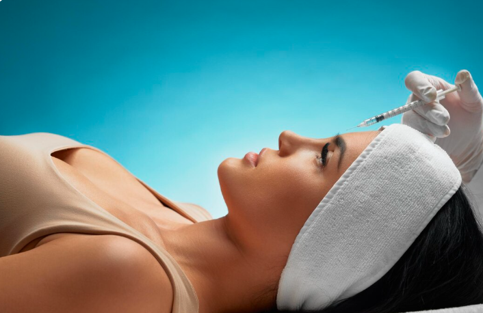 Woman receiving a forehead Botox injection during consultation assessment against a blue clinical background in Dubai