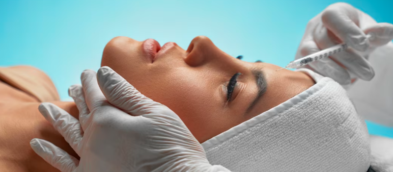Side-profile close-up of a woman receiving a forehead Botox injection from gloved hands against a turquoise studio background, representing professional Botox wrinkle treatment in Dubai