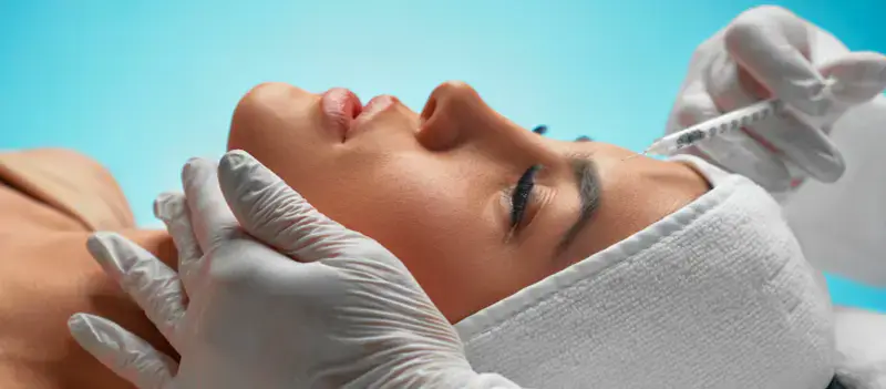 Side-profile close-up of a woman receiving a forehead Botox injection from gloved hands against a turquoise studio background, representing professional Botox wrinkle treatment in Dubai