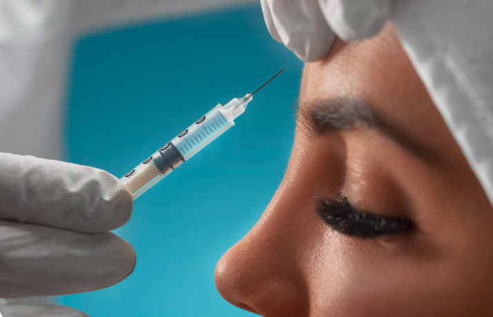 Side-profile close-up of a forehead Botox injection with gloved hands in a Dubai aesthetic clinic