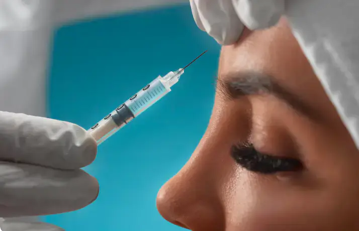 لقطة جانبية مقرّبة لحقن بوتوكس في الجبهة بأيدٍ بقفازات في عيادة تجميل في دبي