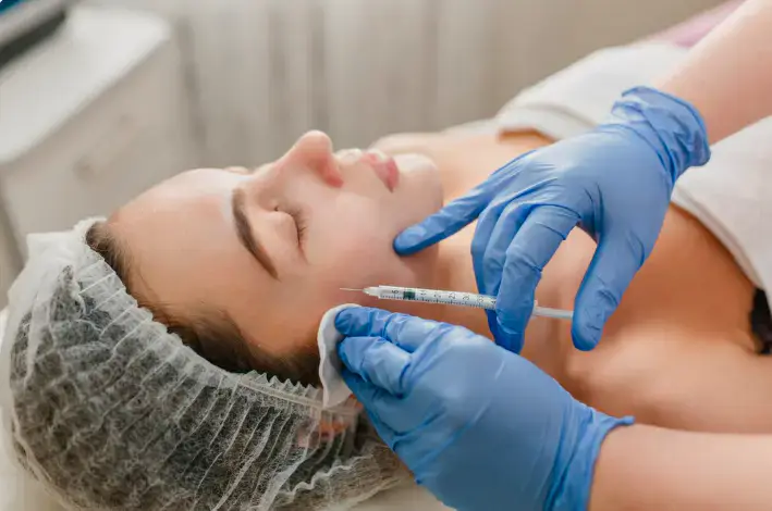 حقن فيلر الخد على امتداد منتصف الوجه من أخصائية بقفازات في عيادة تجميل في دبي