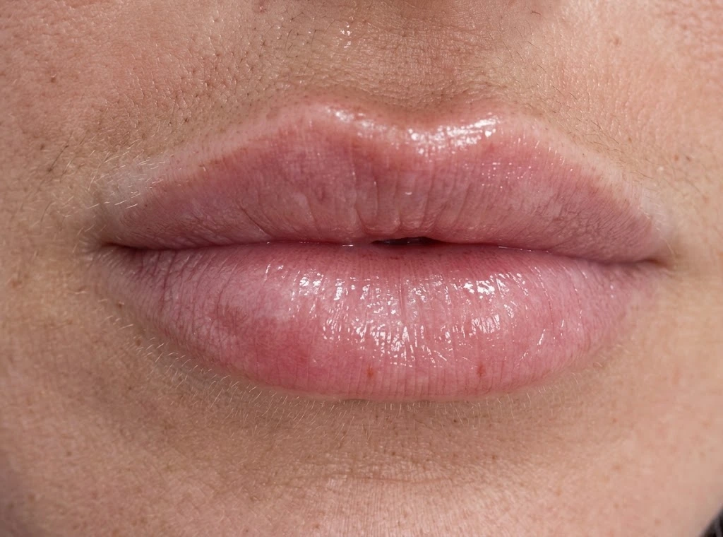 After dermal filler lip enhancement — fuller, hydrated lips
