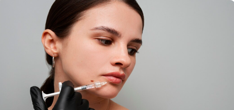 Close-up side profile of a woman receiving a precise dermal filler injection in her upper lip from a professional in black medical gloves, set against a clean neutral background for a cosmetic clinic in Dubai