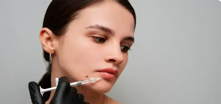 Young woman receiving precise dermal filler injection for facial balancing and cheek volume restoration from a specialist in white gloves at Dr. Elham Keikha clinic in Dubai