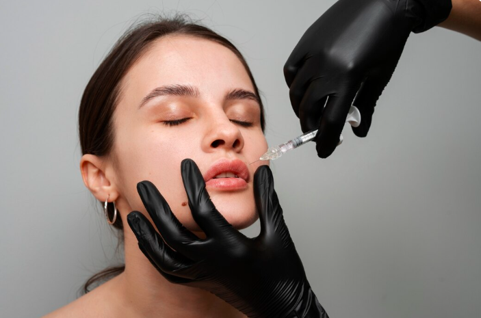 Professional lip dermal filler injection with black medical gloves at a cosmetic clinic in Dubai