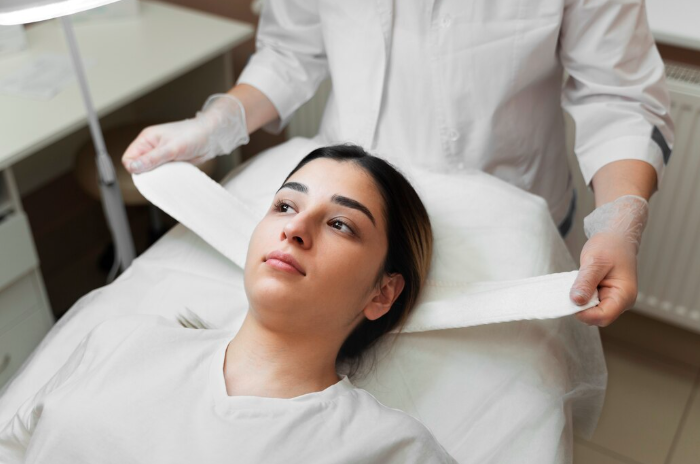 A professional practitioner in a white lab coat and gloves preparing a patient for a medical skincare treatment by securing a white headband in a clean, clinical setting in Dubai