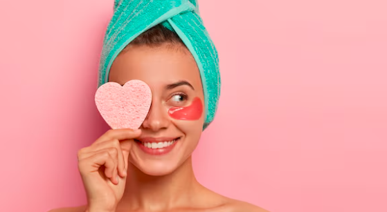 Woman using targeted skincare products including under-eye patch and facial sponge in a guided routine
