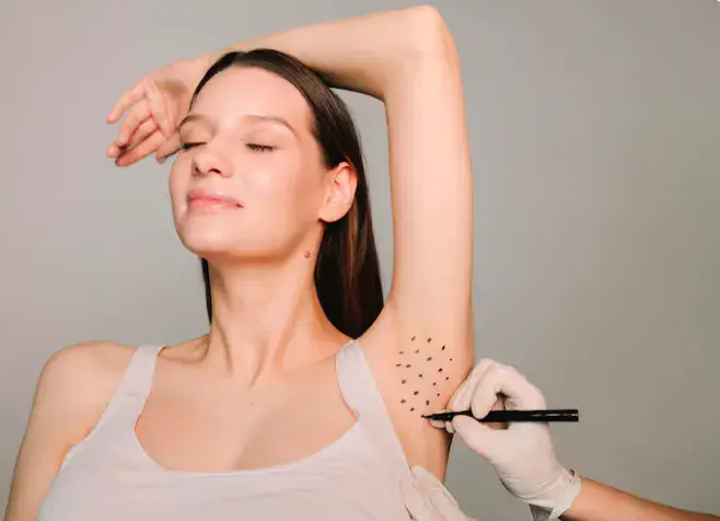 Healthcare professional marking underarm injection sites for Botox hyperhidrosis treatment in Dubai