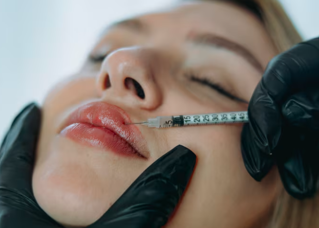 Close-up of a professional lip filler injection into the upper lip by a specialist in black medical gloves at Dr. Elham clinic in Dubai