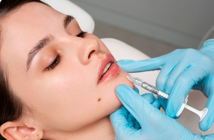 Specialist administering a precise lower-lip filler injection for natural-looking lip enhancement results in Dubai