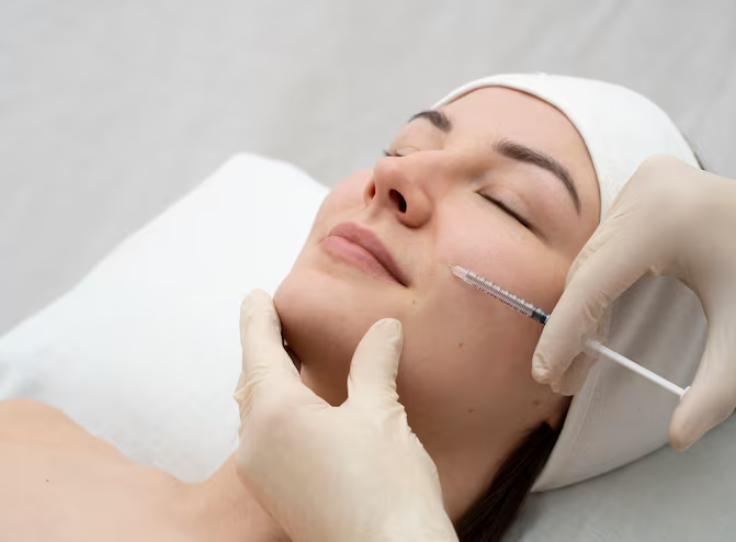 Practitioner in a white coat showing a facial mapping analysis on a tablet to a patient during a skin booster consultation in a Dubai clinic