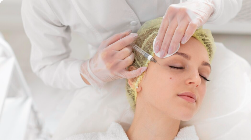 Medical professional performing a precise skin hydration injection near the outer eye area on a relaxed patient in a Dubai aesthetic clinic