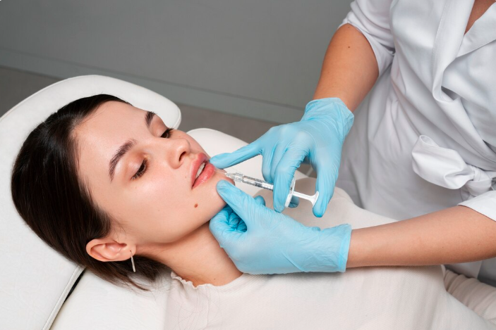 Close-up of a precise upper-lip dermal filler injection explaining what dermal fillers are in Dubai