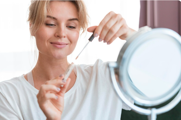 Young woman applying a hydrating facial serum with an applicator wand beside a vanity mirror, illustrating skin booster skincare and improved skin quality in Dubai