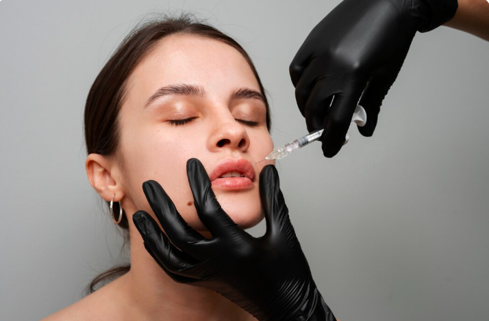 Precise upper-lip filler injection performed by a specialist, illustrating what lip enhancement involves in Dubai