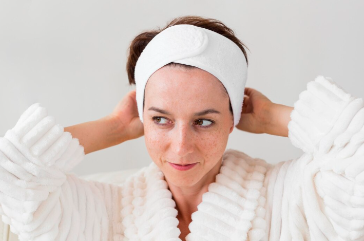 Woman with facial freckles and pigmentation wearing a white headband and bathrobe while preparing for melasma skincare treatment
