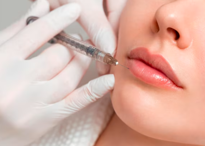 Specialist performing safe, clinical lip enhancement procedure following strict medical hygiene protocols in Dubai