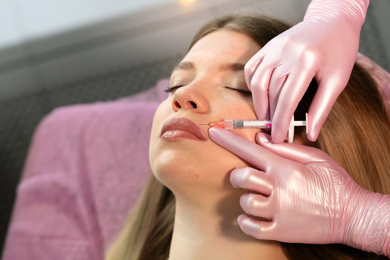 Close-up of a woman receiving a facial filler treatment to address fine lines, illustrating how dermal fillers are used to restore volume and smooth the skin