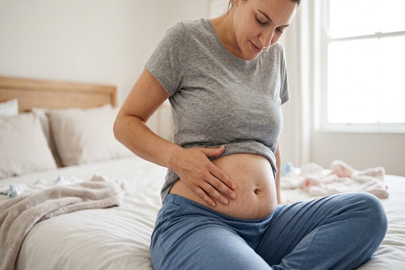 Postpartum skin changes on a woman's abdomen