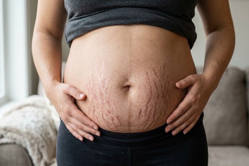 Stretch marks on a woman's abdomen after pregnancy