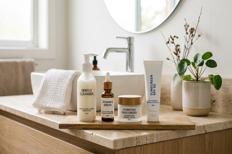 Simple anti-wrinkle skincare routine with serum moisturizer and sunscreen