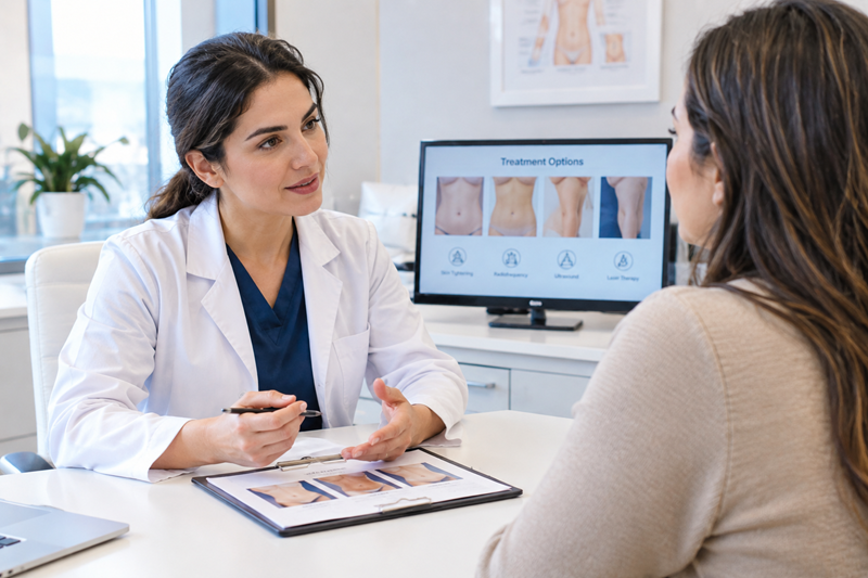 Doctor discussing loose skin treatment options with patient