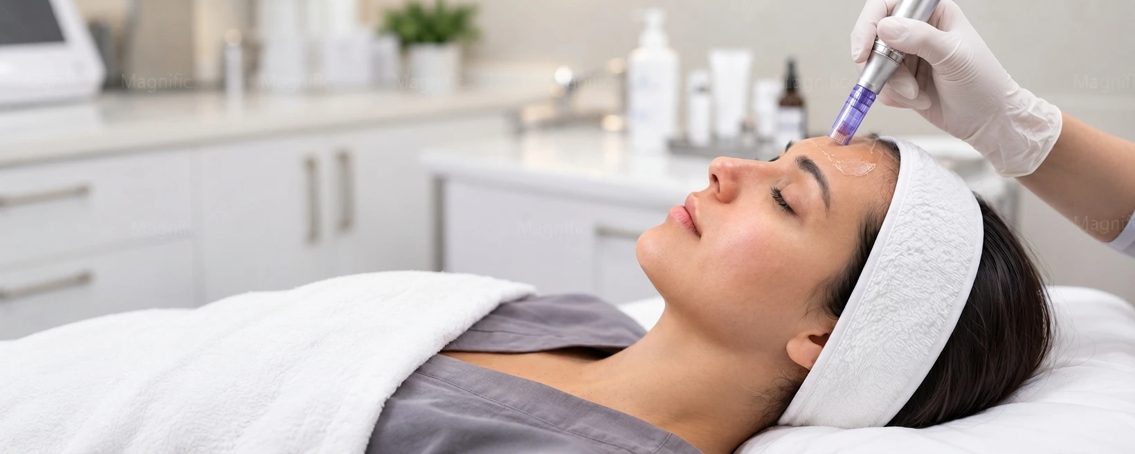 Woman receiving clinical microneedling exosome therapy on the forehead in a bright dermatology clinic, representing regenerative exosome skin treatment in Dubai - Dr. Elham Keikha