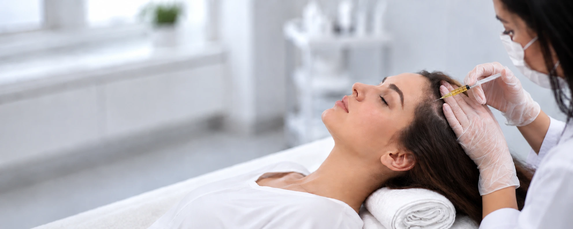Woman receiving PRP hair mesotherapy scalp injection in a bright clinical setting - Dr. Elham Keikha Dubai