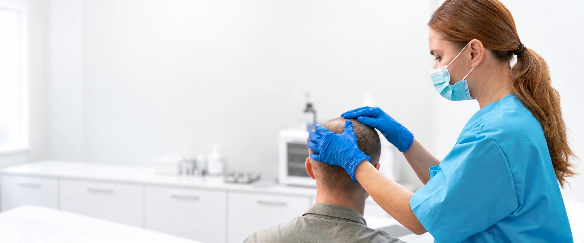 Medical specialist examining a patient's blonde hair and scalp with a magnifying glass during a hair restoration consultation in Dubai - Dr. Elham Keikha