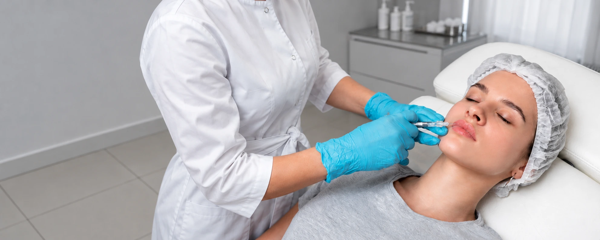 Practitioner in blue gloves and white coat administering a precise upper-lip filler injection to a patient in a white surgical cap in a bright clinical setting, representing professional lip enhancement in Dubai - Dr. Elham Keikha