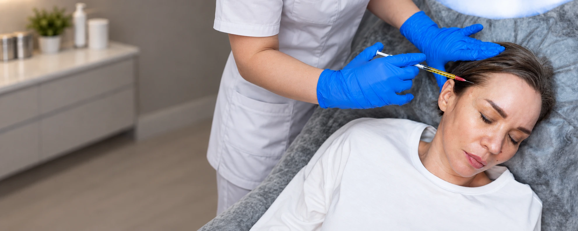 Practitioner in blue gloves administering a PRP scalp injection near the hairline of a relaxed patient in a bright clinical setting, representing PRP and PRF cellular therapy in Dubai - Dr. Elham Keikha